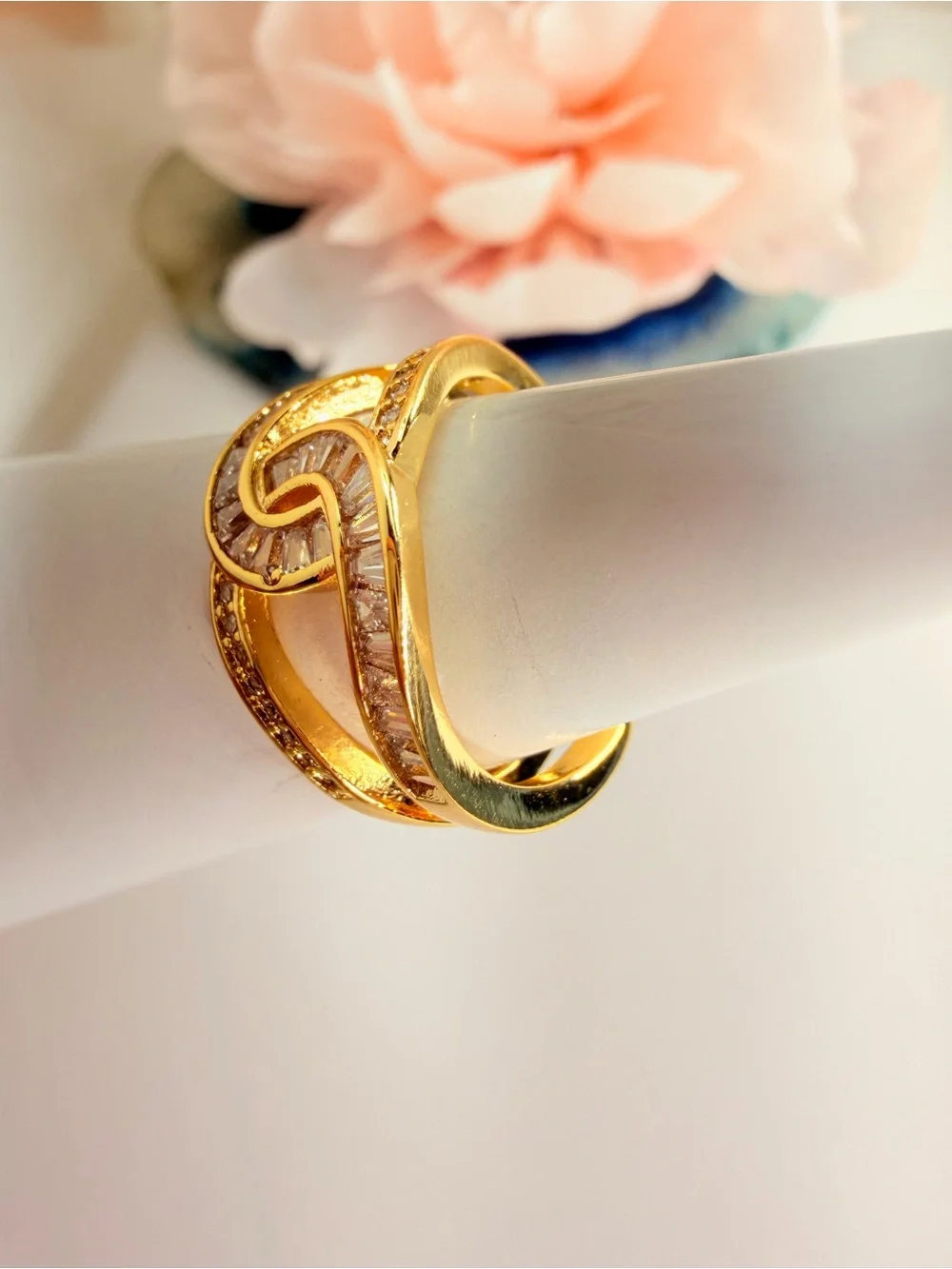 Gold-Tone Pink Baguette Crystal Wave Ring